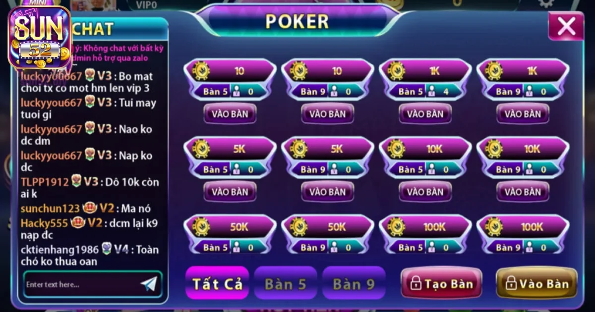 Các tính năng nổi bật có trong game bài Poker Sun52